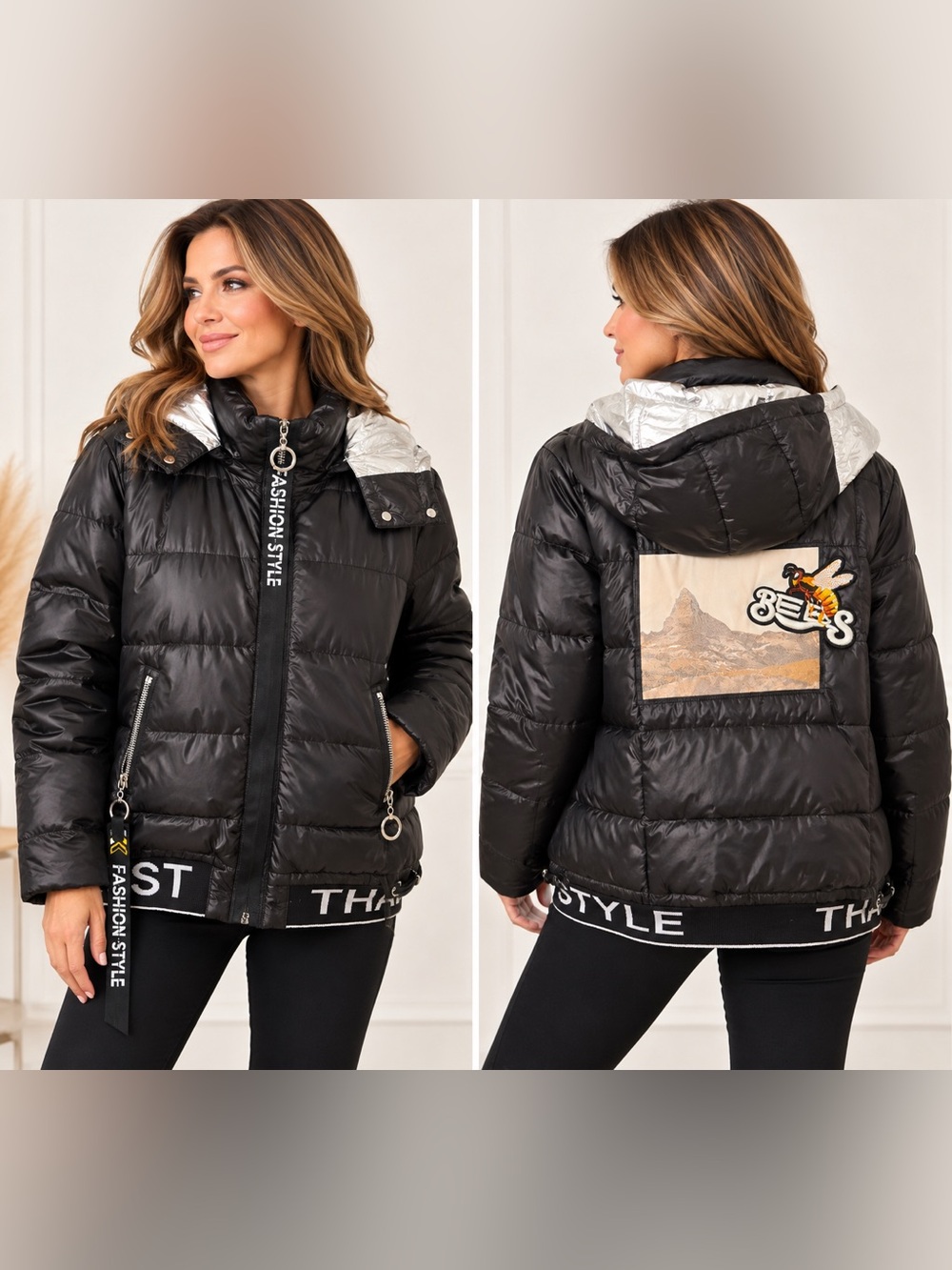 Black Oversized Puffer Jacket XXL Streetwear Graphic Hooded Coat